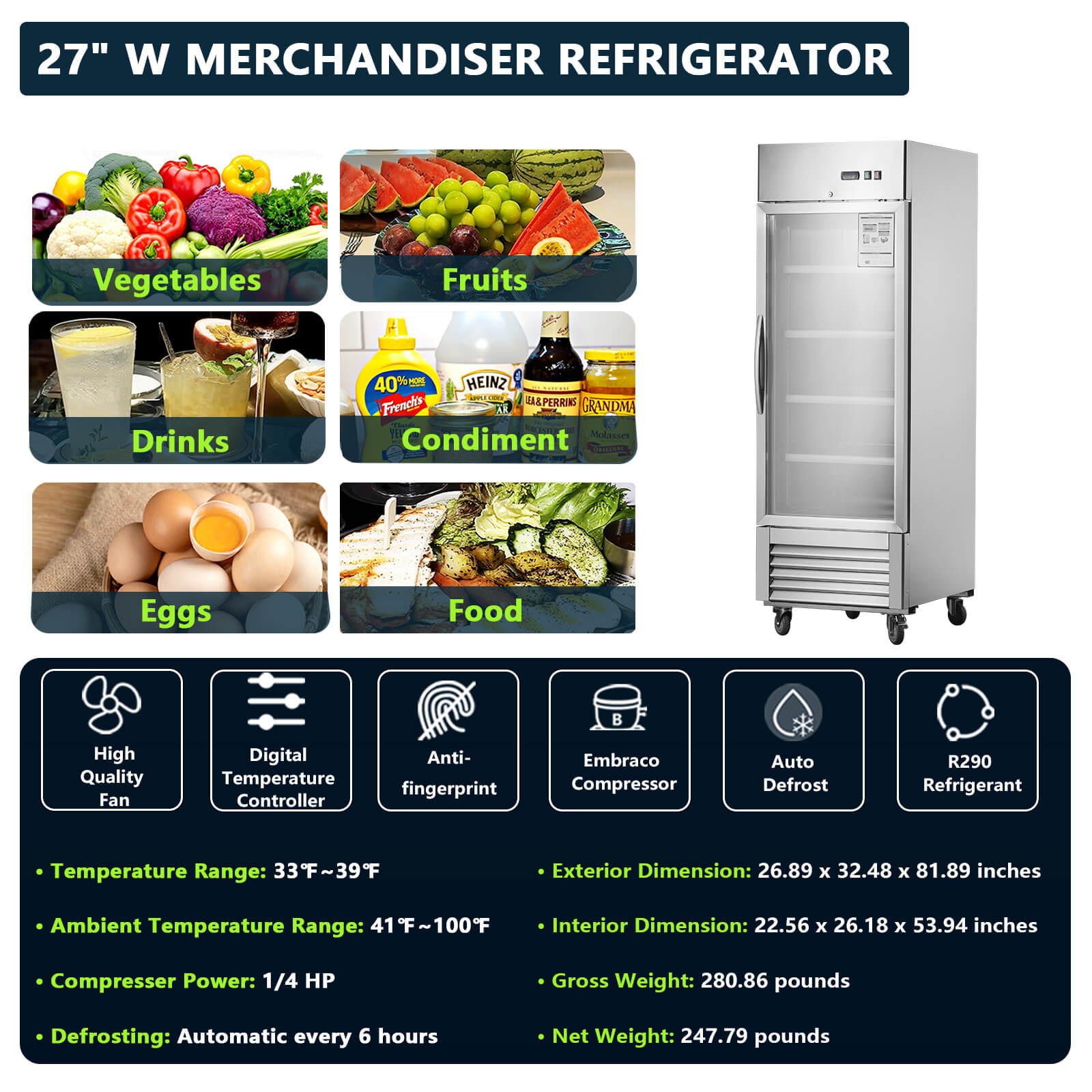 27"W Merchandiser Refrigerator Commercial Display Glass Door Refrigerator