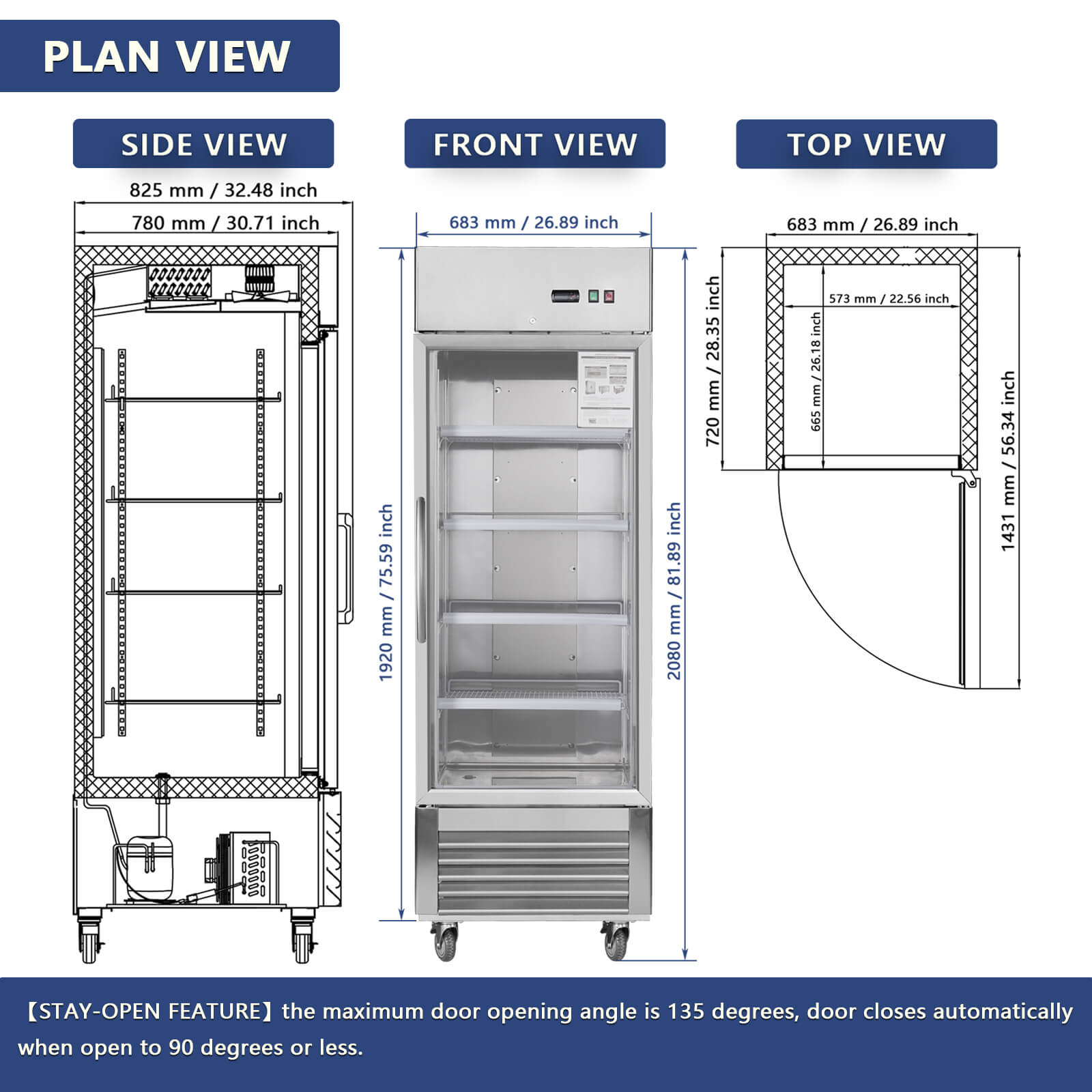 27"W Merchandiser Refrigerator Commercial Display Glass Door Refrigerator