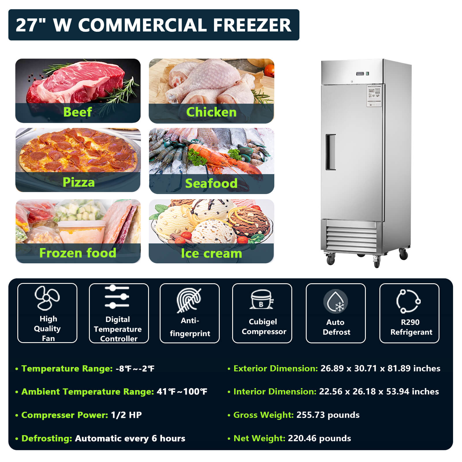 27"W Commercial Freezer 19 cu. ft. Single Solid Door Reach-In Freezer