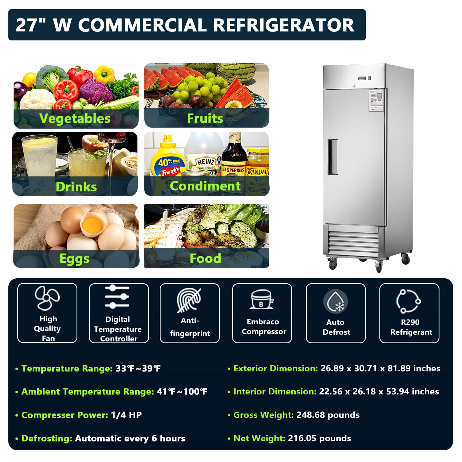 27"W Single Solid Door Reach-In Refrigerator 19 cu. ft. Commercial Refrigerator