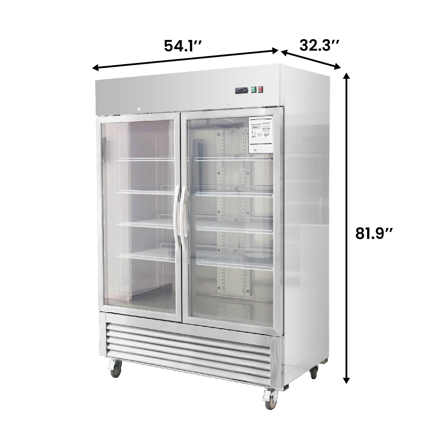 54"W Commercial Refrigerator 42 cu. ft. 2 Glass Door Reach In Refrigerator dimension