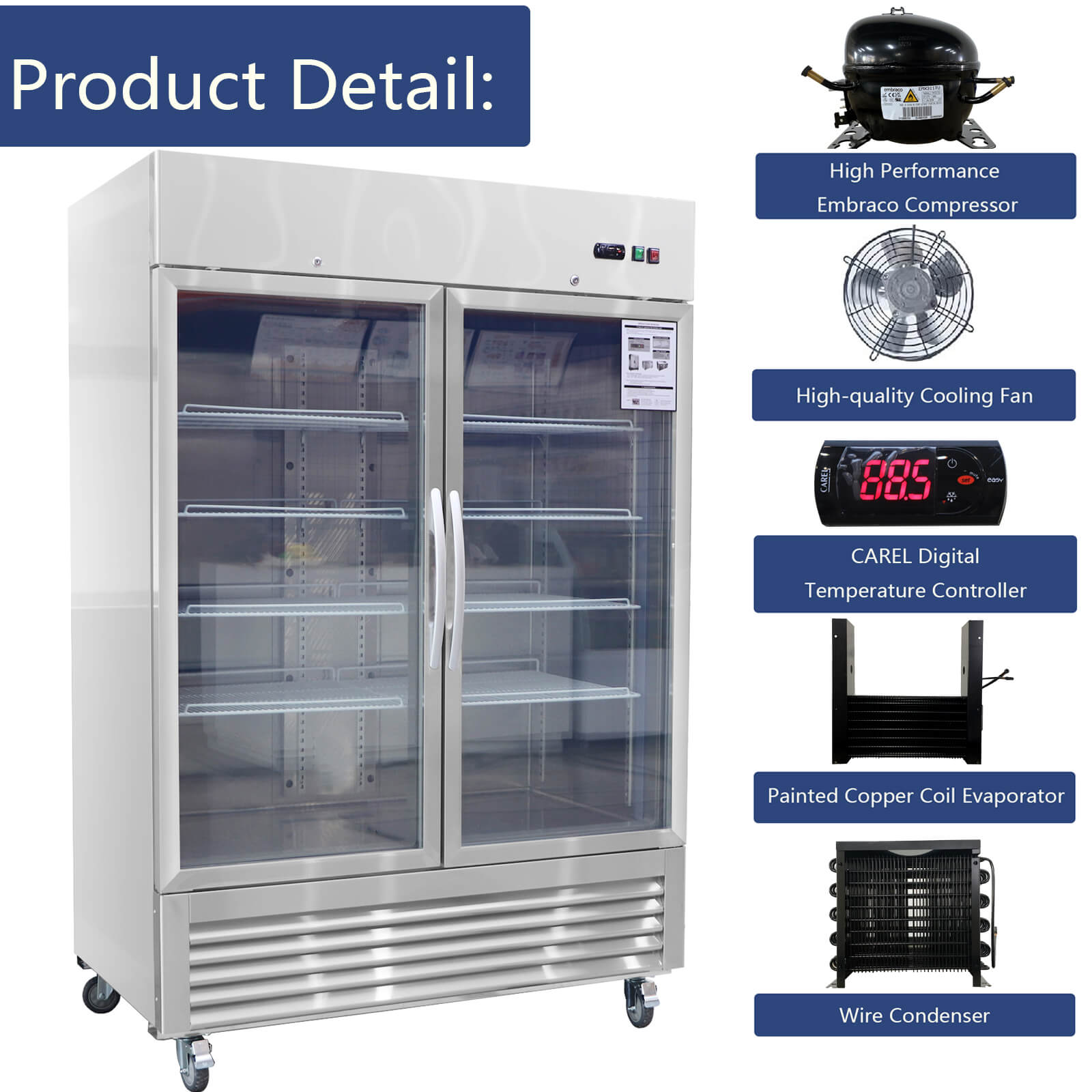 54"W Commercial Refrigerator 42 cu. ft. 2 Glass Door Reach In Refrigerator