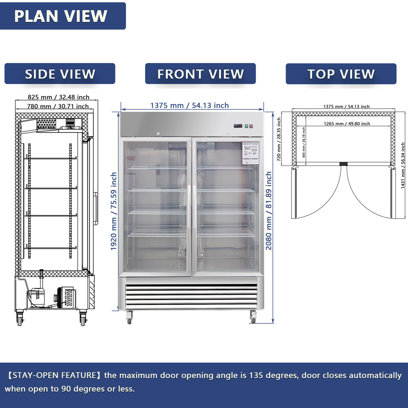 54"W Commercial Refrigerator 42 cu. ft. 2 Glass Door Reach In Refrigerator