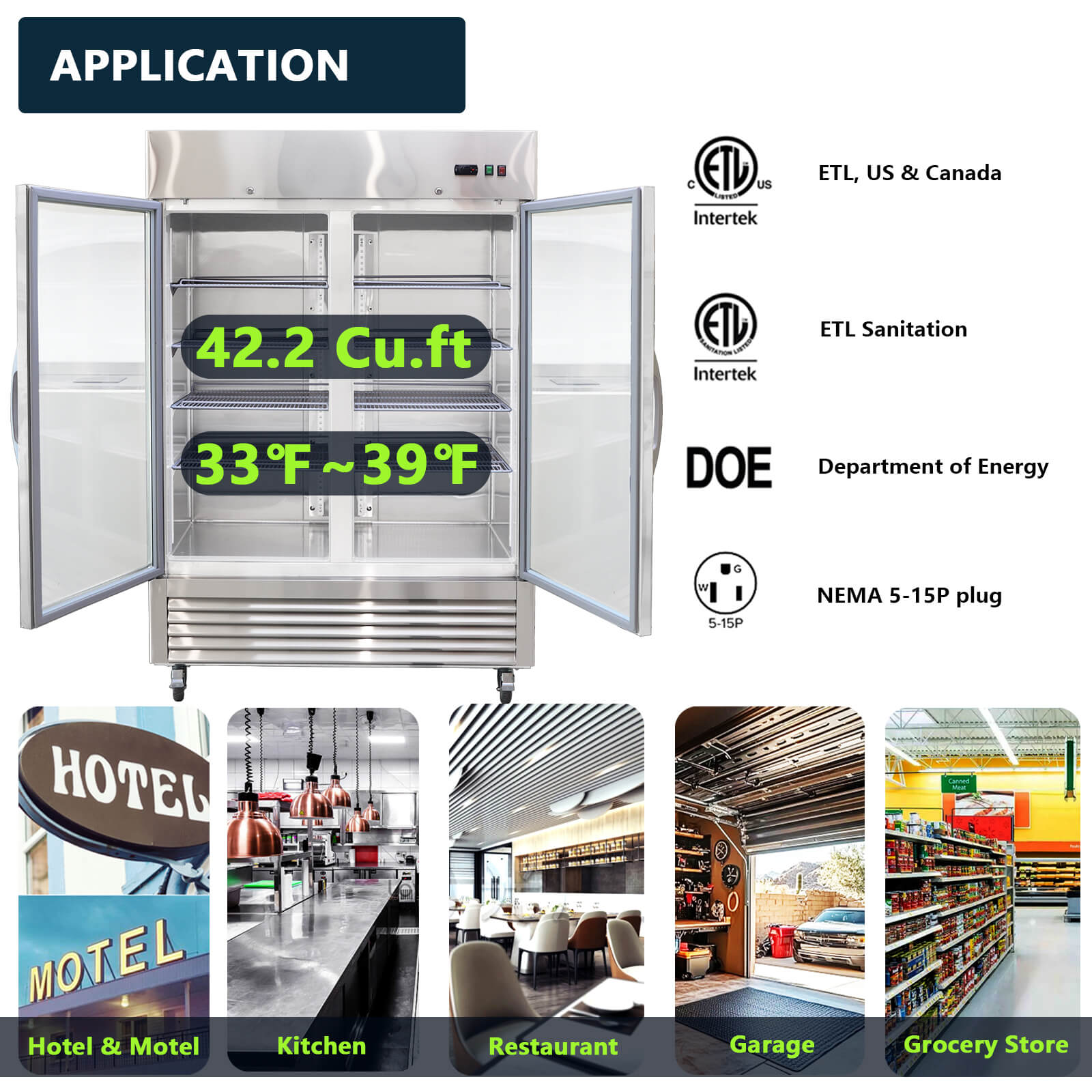 54"W Commercial Refrigerator 42 cu. ft. 2 Glass Door Reach In Refrigerator