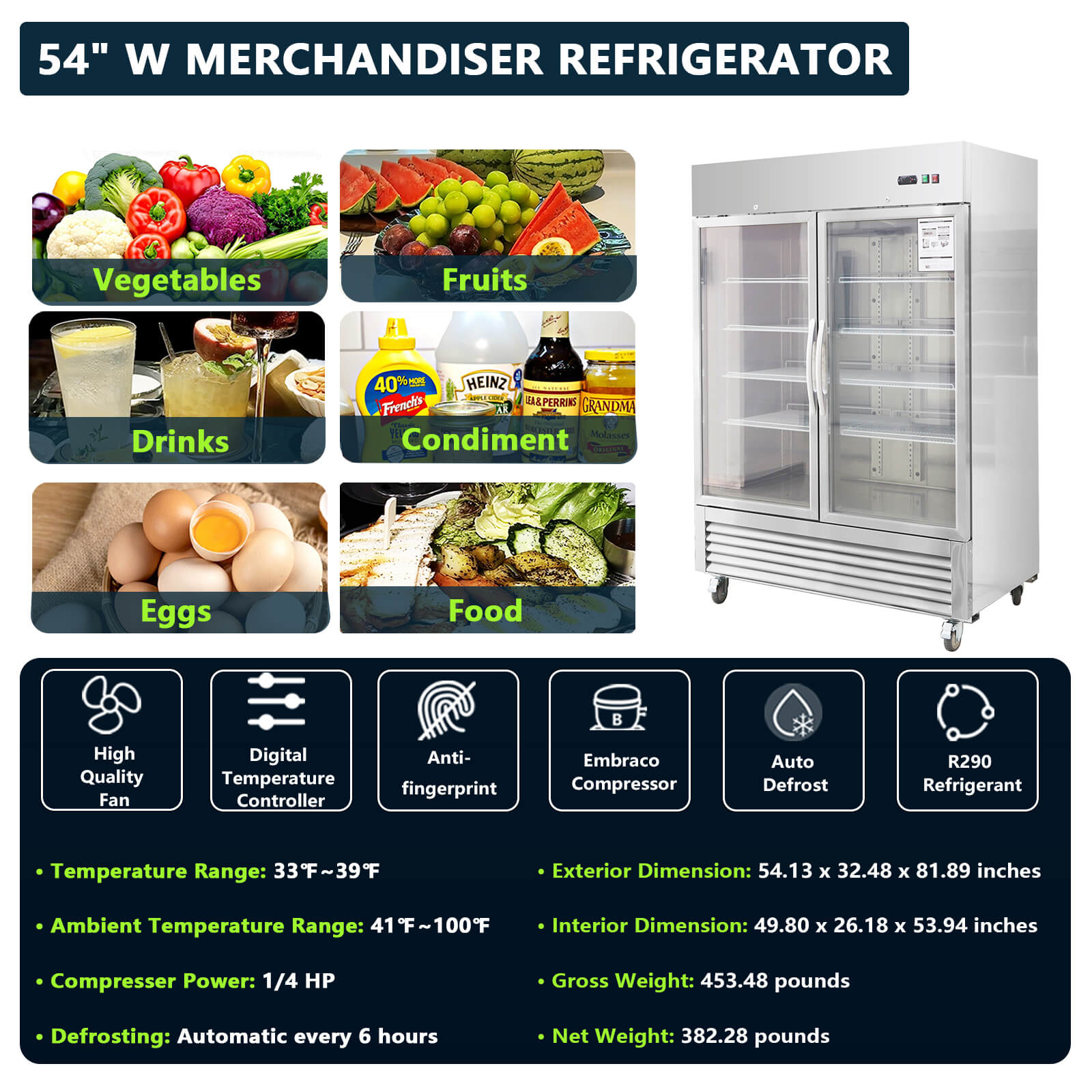 54"W Commercial Refrigerator 42 cu. ft. 2 Glass Door Reach In Refrigerator