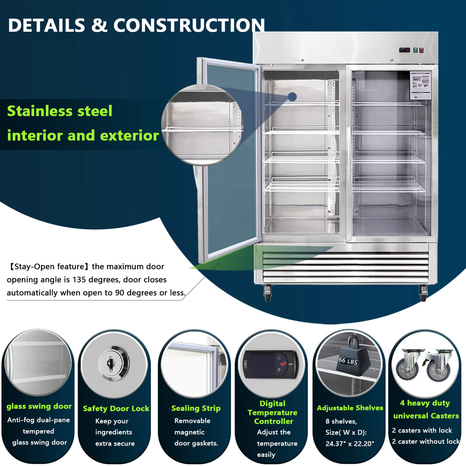 54"W Commercial Refrigerator 42 cu. ft. 2 Glass Door Reach In Refrigerator