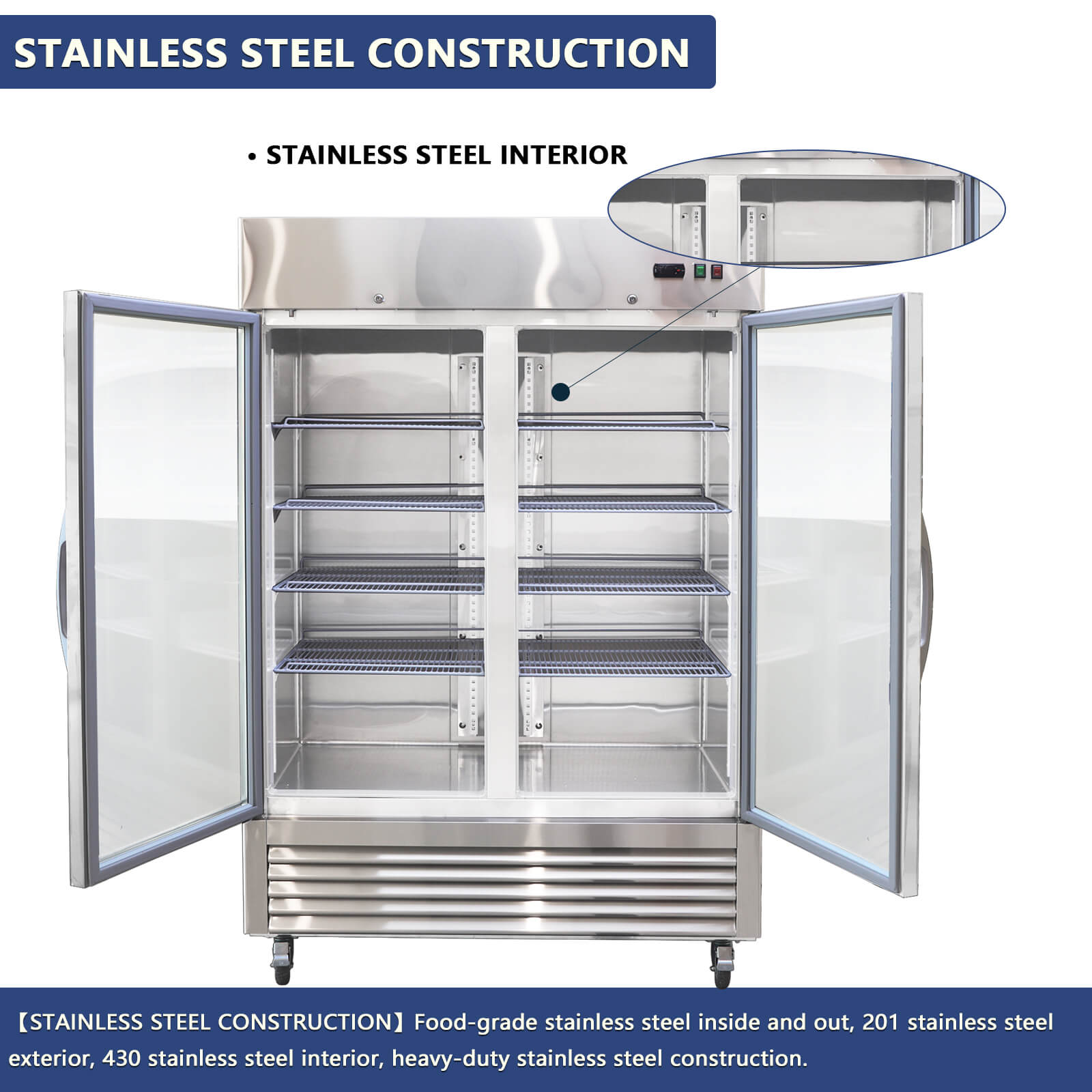 54"W Commercial Refrigerator 42 cu. ft. 2 Glass Door Reach In Refrigerator