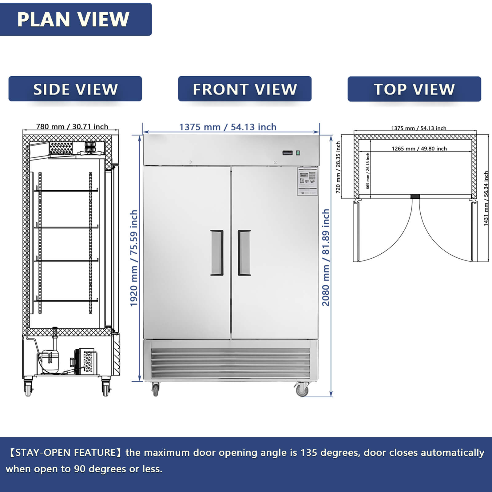 54"W Commercial Freezer 42 cu. ft. 2 Solid Door Reach-In Freezer