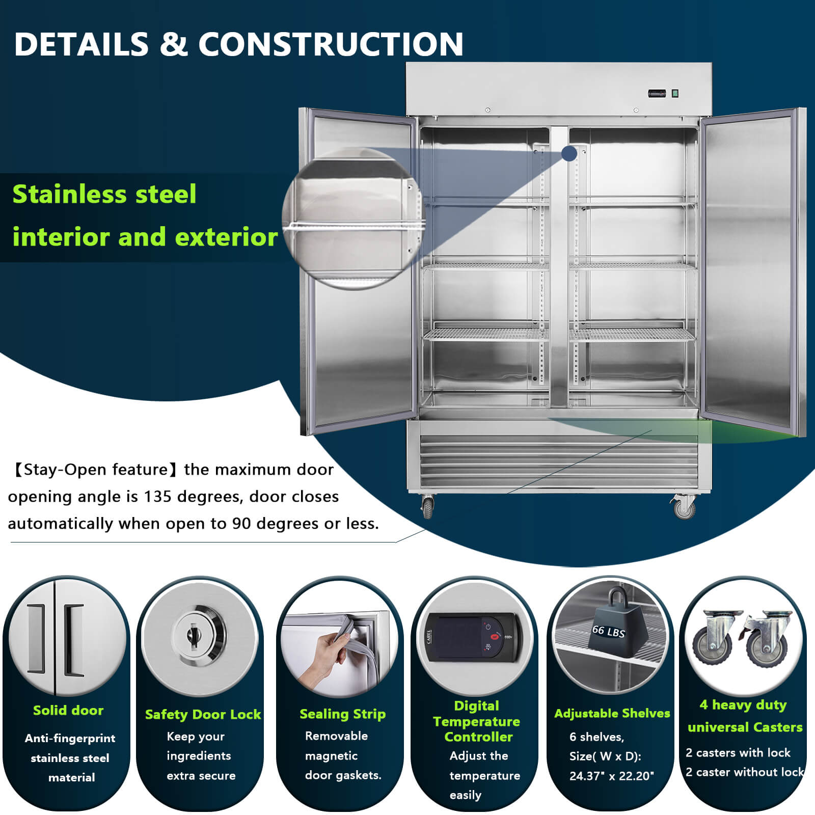 54"W Commercial Freezer 42 cu. ft. 2 Solid Door Reach-In Freezer