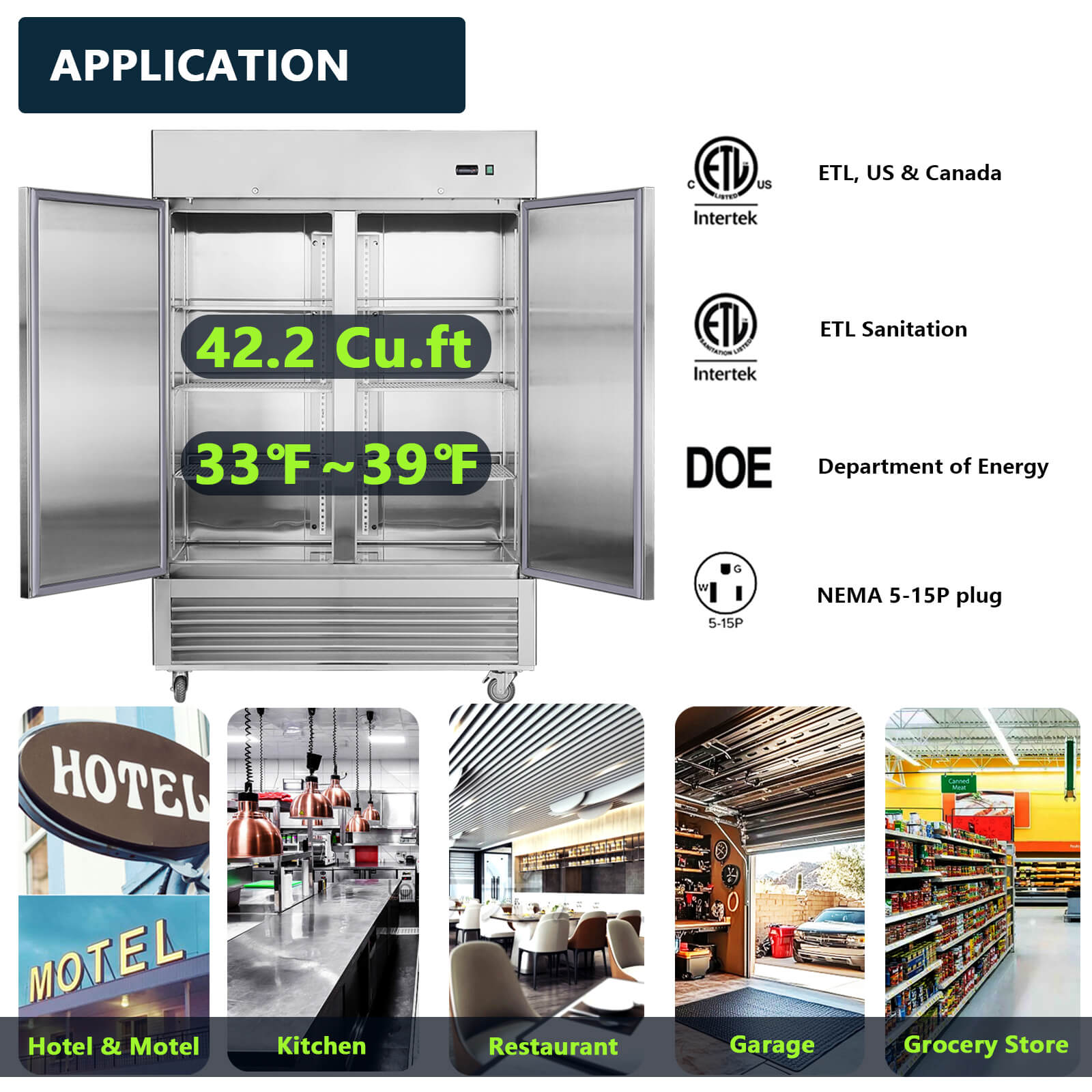 54"W Commercial Refrigerator 42 cu. ft. 2 Solid Door Reach-In Refrigerator