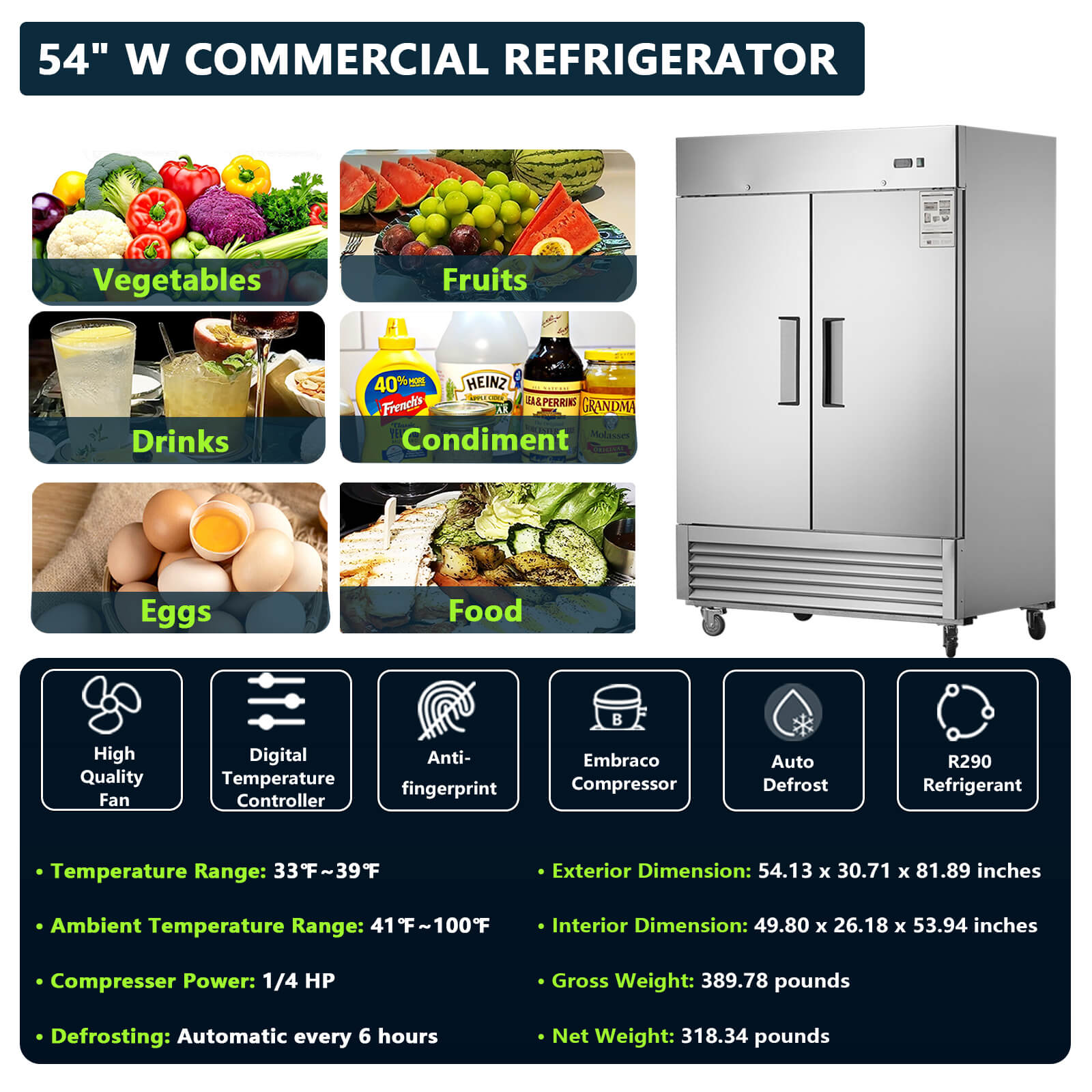 54"W Commercial Refrigerator 42 cu. ft. 2 Solid Door Reach-In Refrigerator
