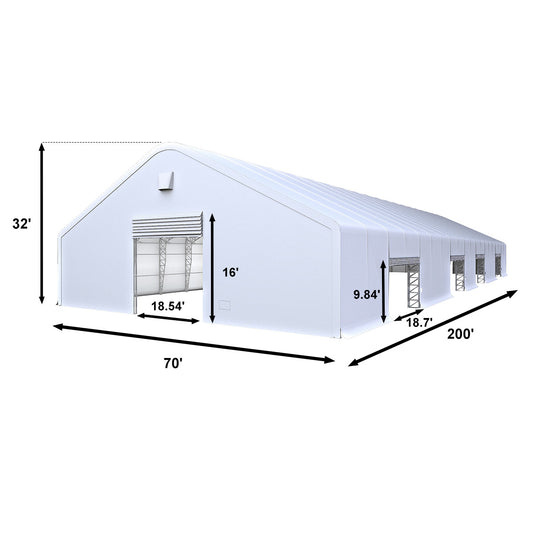 W70'xL200'xH32' Double Truss Storage Shelter, Reinforced Series with 4 Side Doors