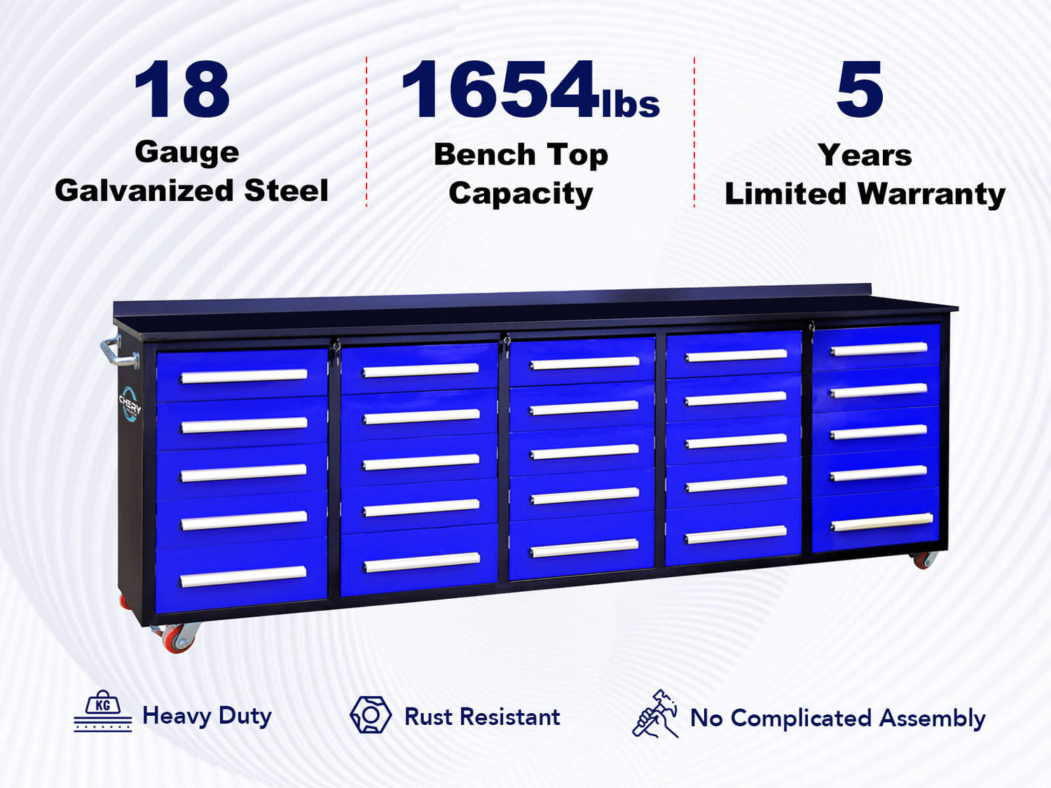 10ft 25-Drawer Storage Workbench with Wheels