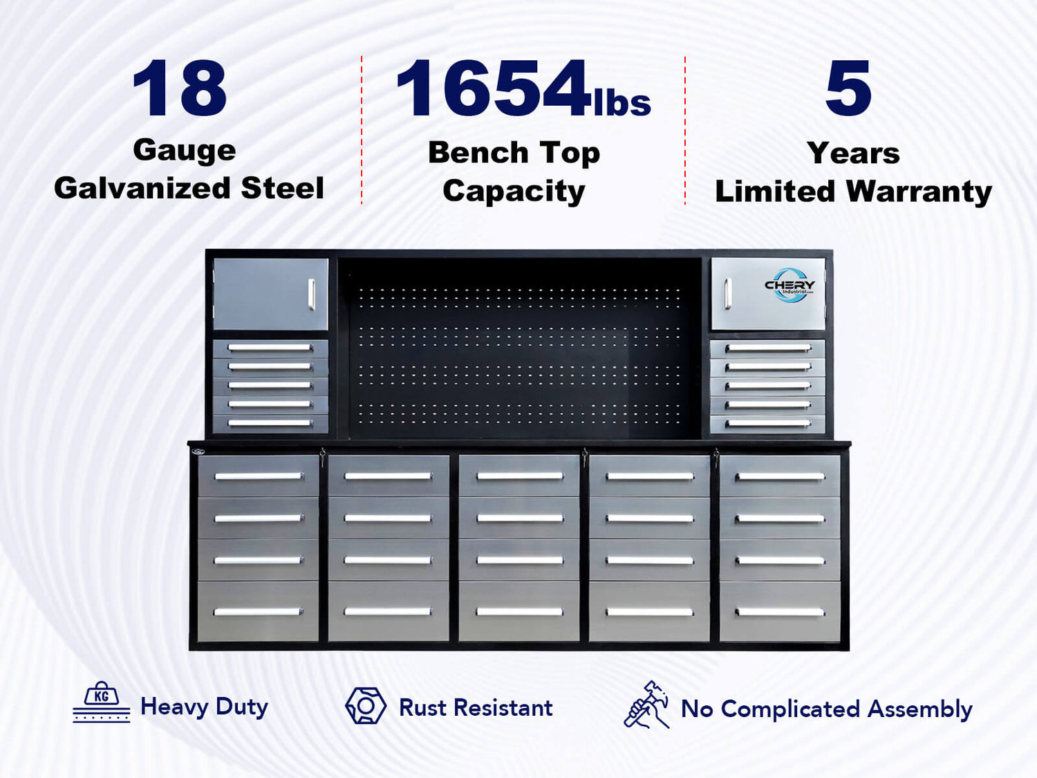 9.5ft Storage Workbench with 30 Drawers & 2 Cabinets & 1 Pegboard