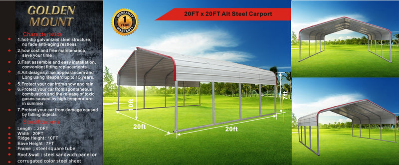 Golden Mount Classic Steel Carport 20'W x 20'L
