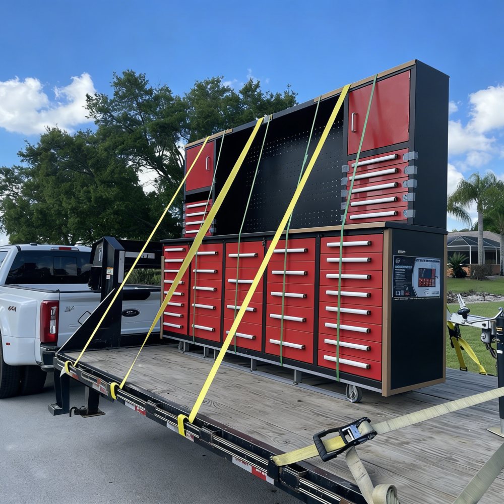 Large red and black tool chest on a flatbed truck with yellow straps.