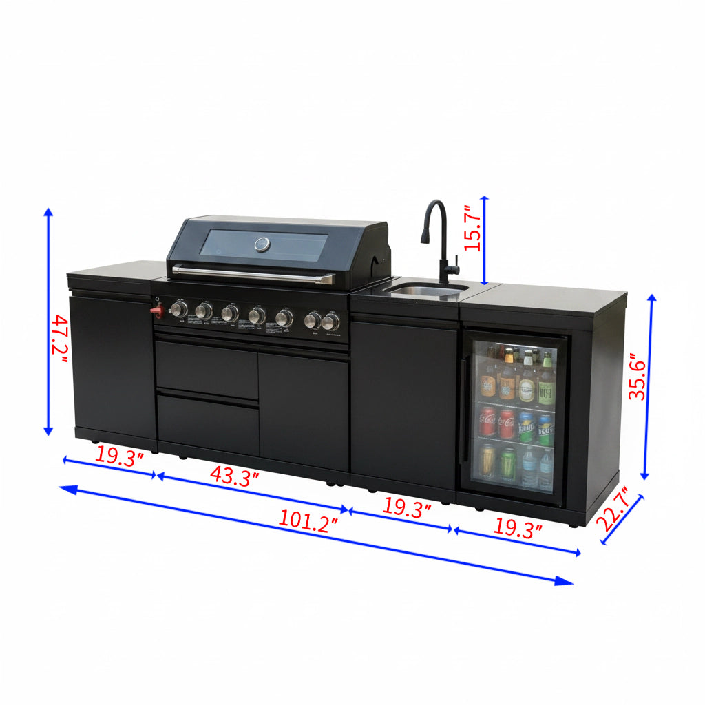 102" 6-Burner 85,000 BTU Black Outdoor Kitchen Island Grill + Refrigerator + Marble Countertops + Sink