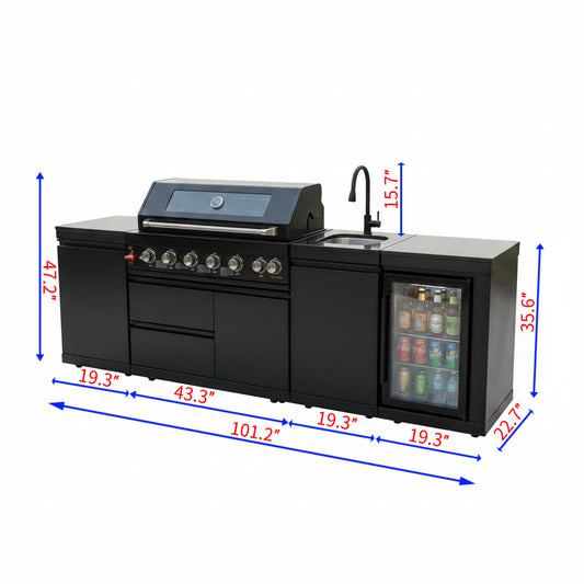 102" 6-Burner 85,000 BTU Black Outdoor Kitchen Island Grill + Refrigerator + Marble Countertops + Sink