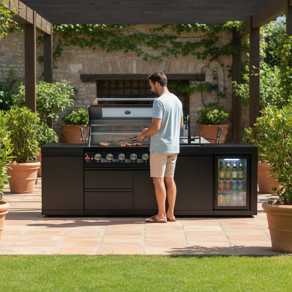 102" 6-Burner 85,000 BTU Black Outdoor Kitchen Island Grill + Refrigerator + Marble Countertops + Sink