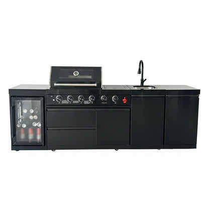 104" 4-Burner 72,000 BTU Black Outdoor Kitchen Bar Barbecue Island Grill + Wine Cooler + Sink