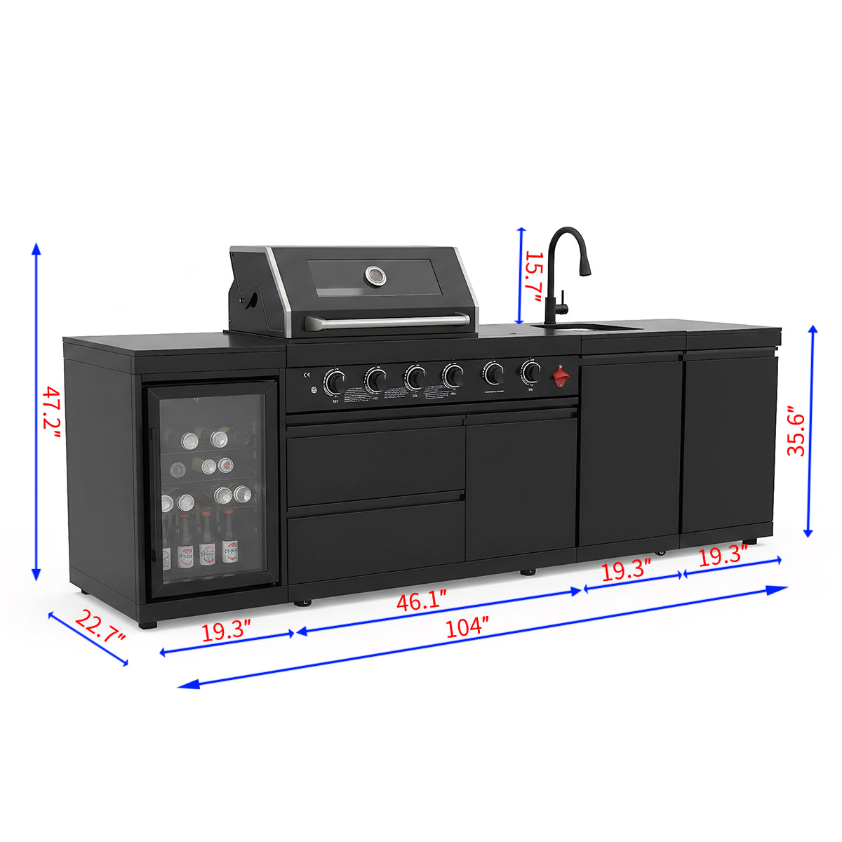 104" 4-Burner 72,000 BTU Black Outdoor Kitchen Bar Barbecue Island Grill + Wine Cooler + Sink