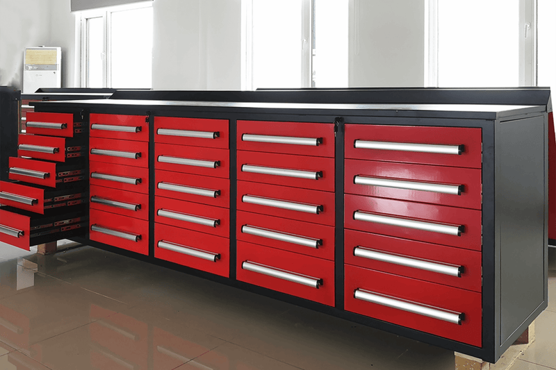 10' Workbench with Storage Drawers (25 Drawers)