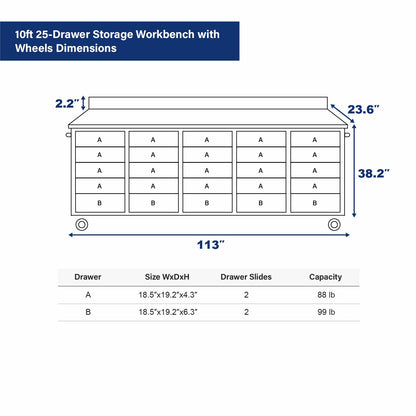 10ft 25-Drawer Storage Workbench with Wheels Dimension