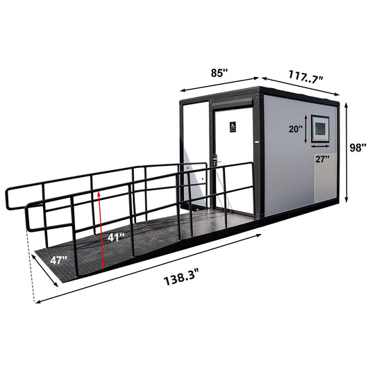 Elevated wheelchair lift with dimensions labeled on a white background