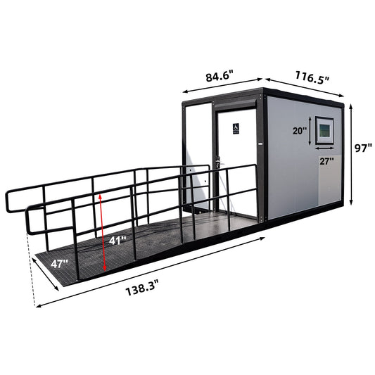 Elevated wheelchair lift with dimensions labeled on a white background