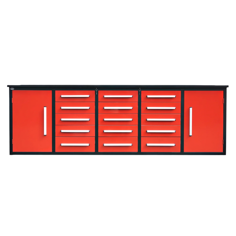 10ft Storage Cabinet with Work Bench (15 Drawers & 2 Cabinets)