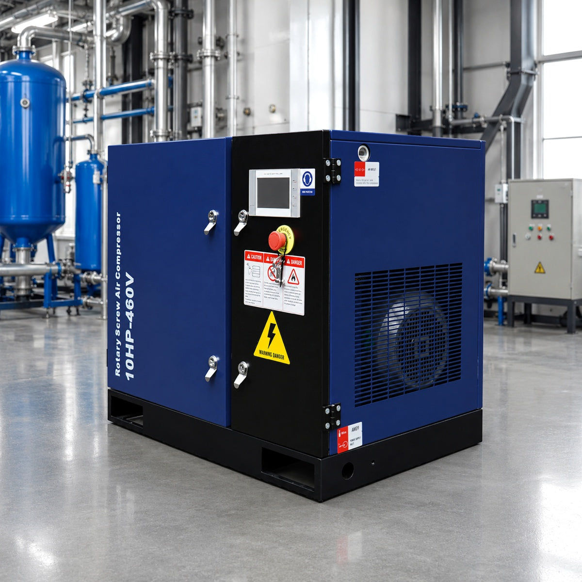Blue industrial compressor in a factory setting with visible branding and warning labels.#Voltage_460V 3Ph 60Hz