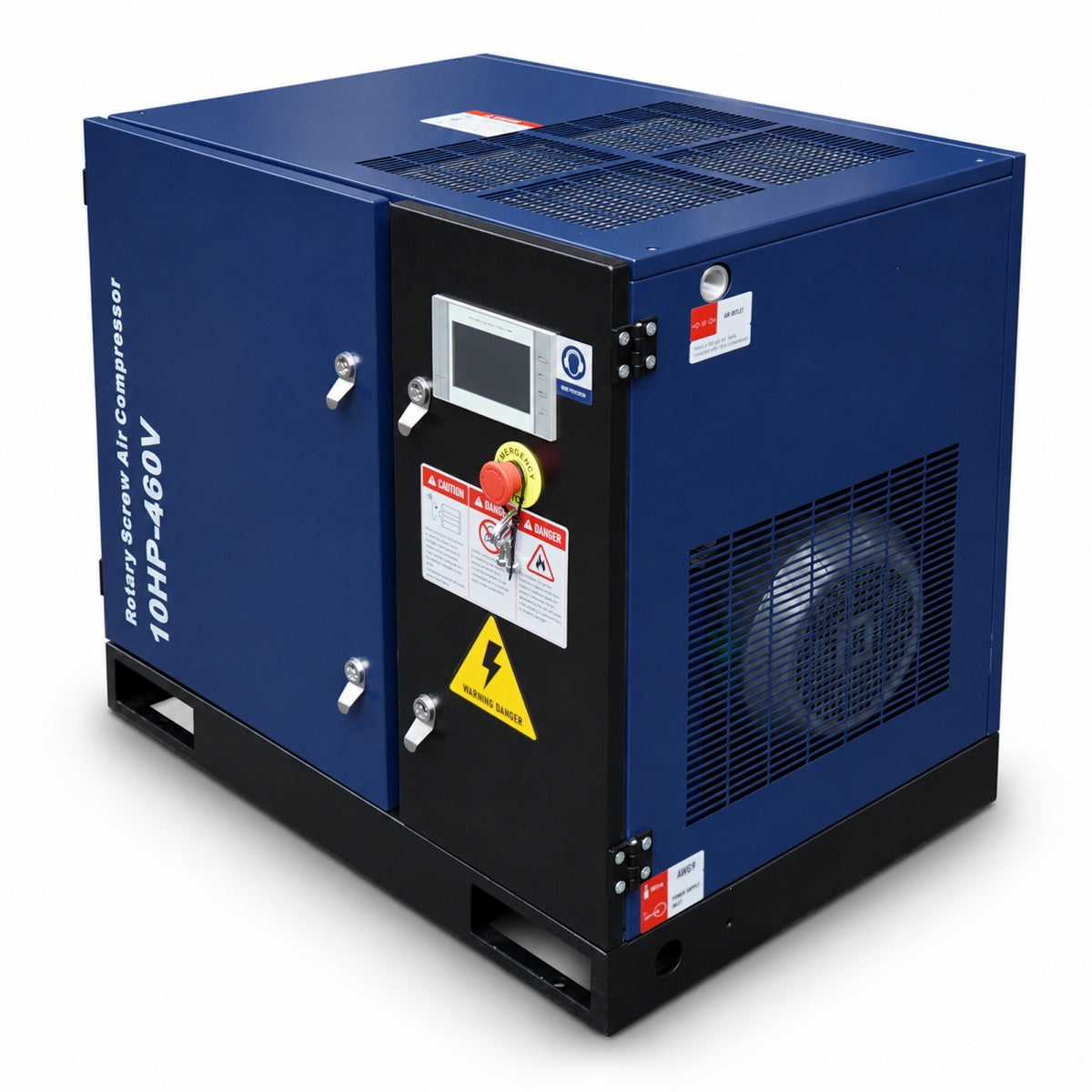 Blue and black industrial air compressor on a white background#Voltage_460V 3Ph 60Hz