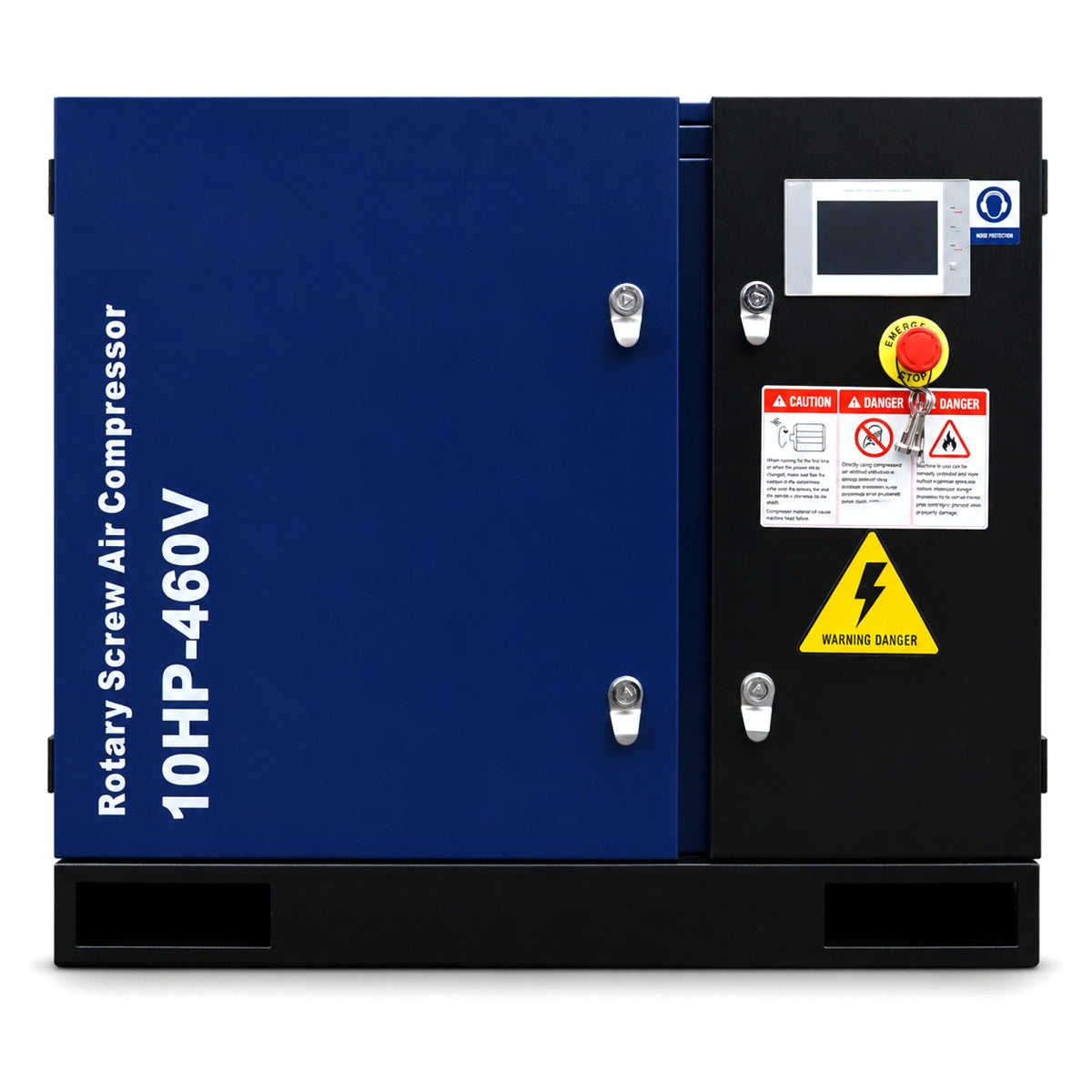 Rotary screw air compressor with blue and black design on a white background#Voltage_460V 3Ph 60Hz