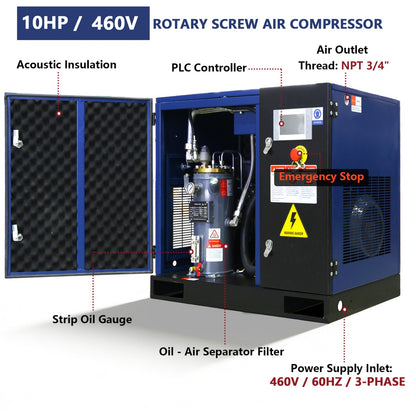 Rotary screw air compressor with labeled components on a white background#Voltage_460V 3Ph 60Hz