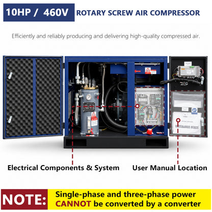 Rotary screw air compressor with labeled components and power conversion note.#Voltage_460V 3Ph 60Hz