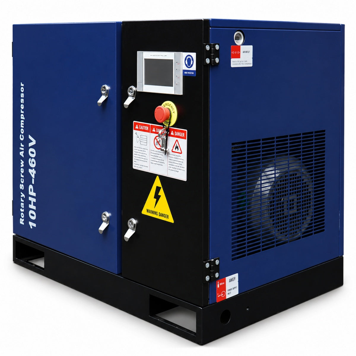 Blue and black rotary screw air compressor on a white background#Voltage_460V 3Ph 60Hz