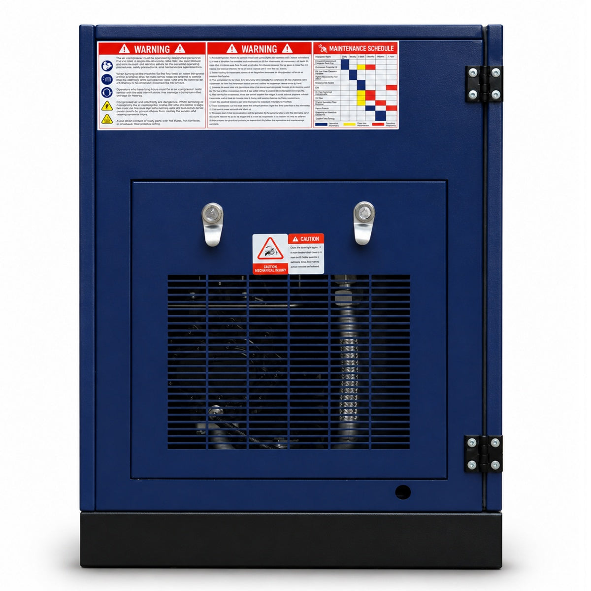 Blue industrial cabinet with warning labels on a white background#Voltage_460V 3Ph 60Hz
