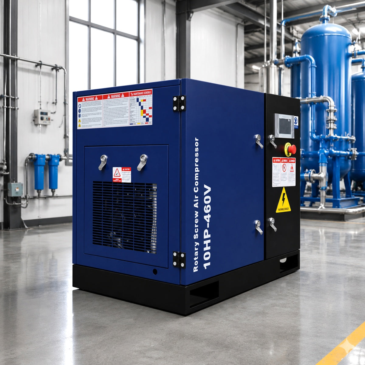 Blue industrial air compressor in a warehouse setting#Voltage_460V 3Ph 60Hz