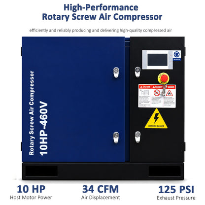 High-performance rotary screw air compressor with specifications on a white background#Voltage_460V 3Ph 60Hz