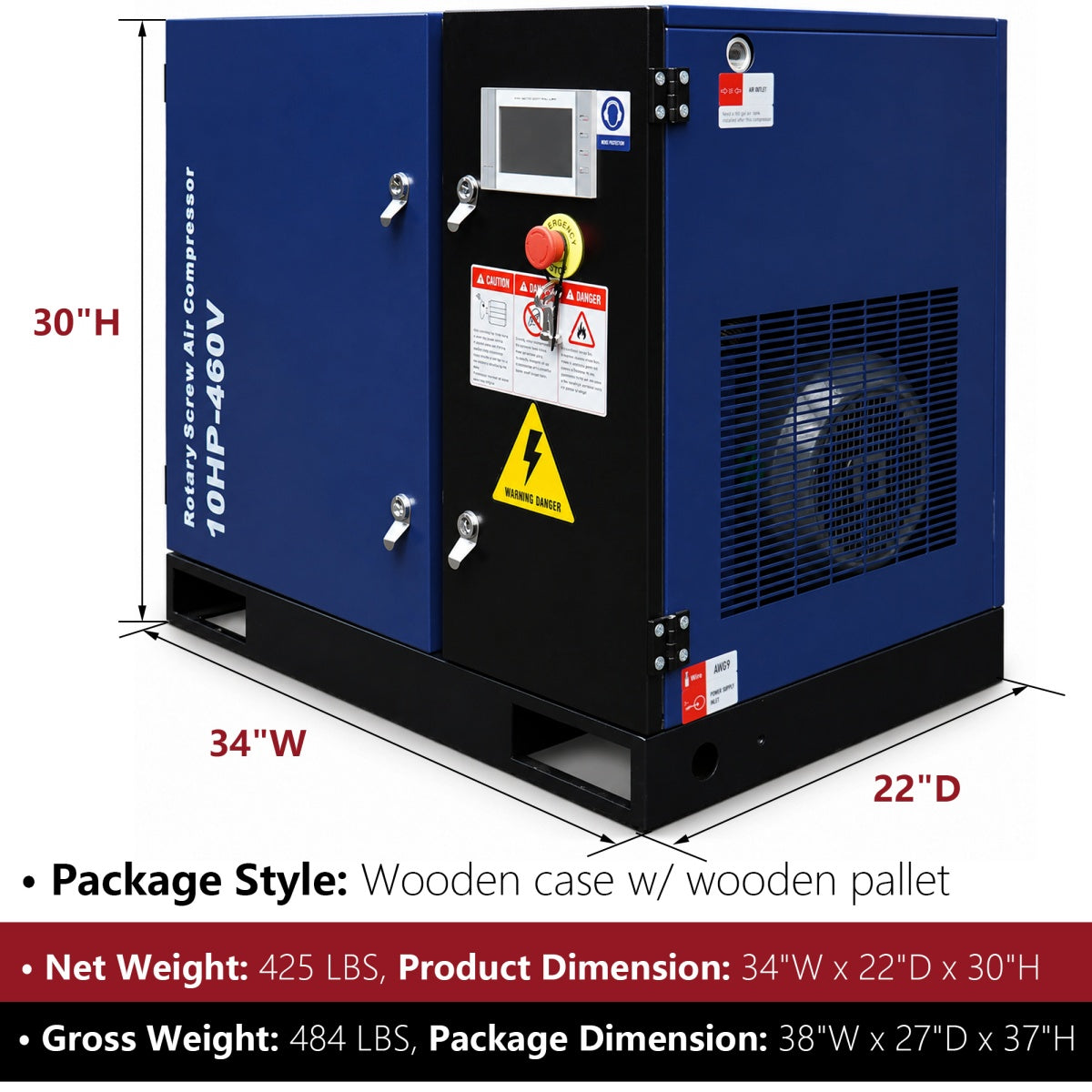Large blue and black industrial air compressor with dimensions and weight details.#Voltage_460V 3Ph 60Hz