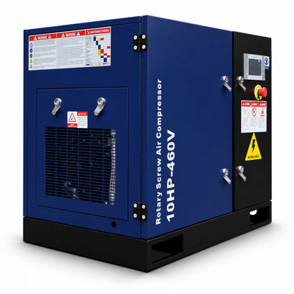 Blue rotary screw air compressor with visible branding and specifications on a white background#Voltage_460V 3Ph 60Hz