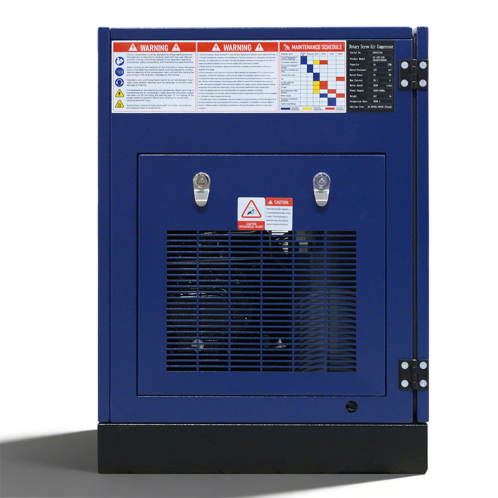 Blue industrial machine with warning labels on a white background