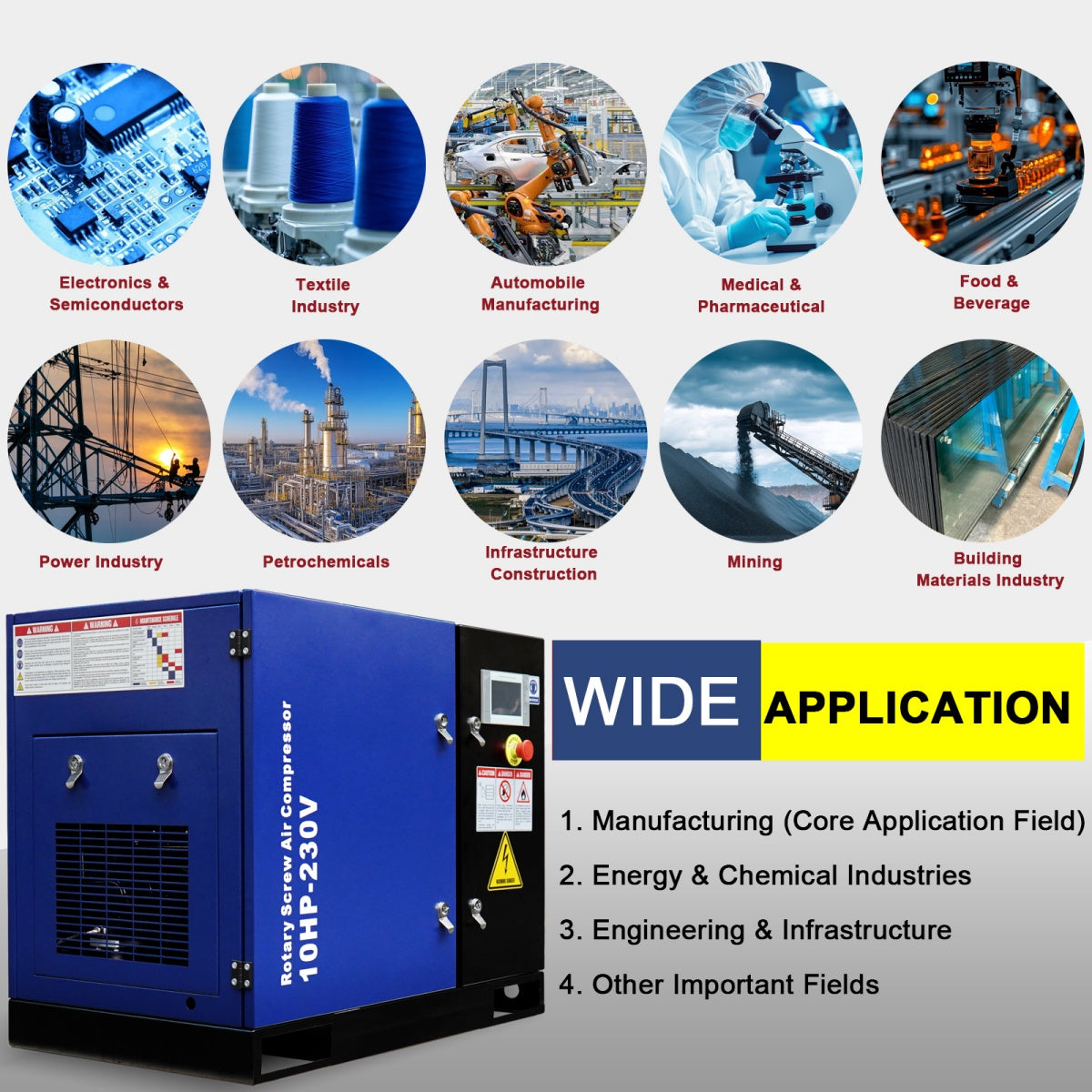 10HP Rotary Screw Air Compressor – 34 CFM, 125 PSI, 230V 3-Phase 60HZ