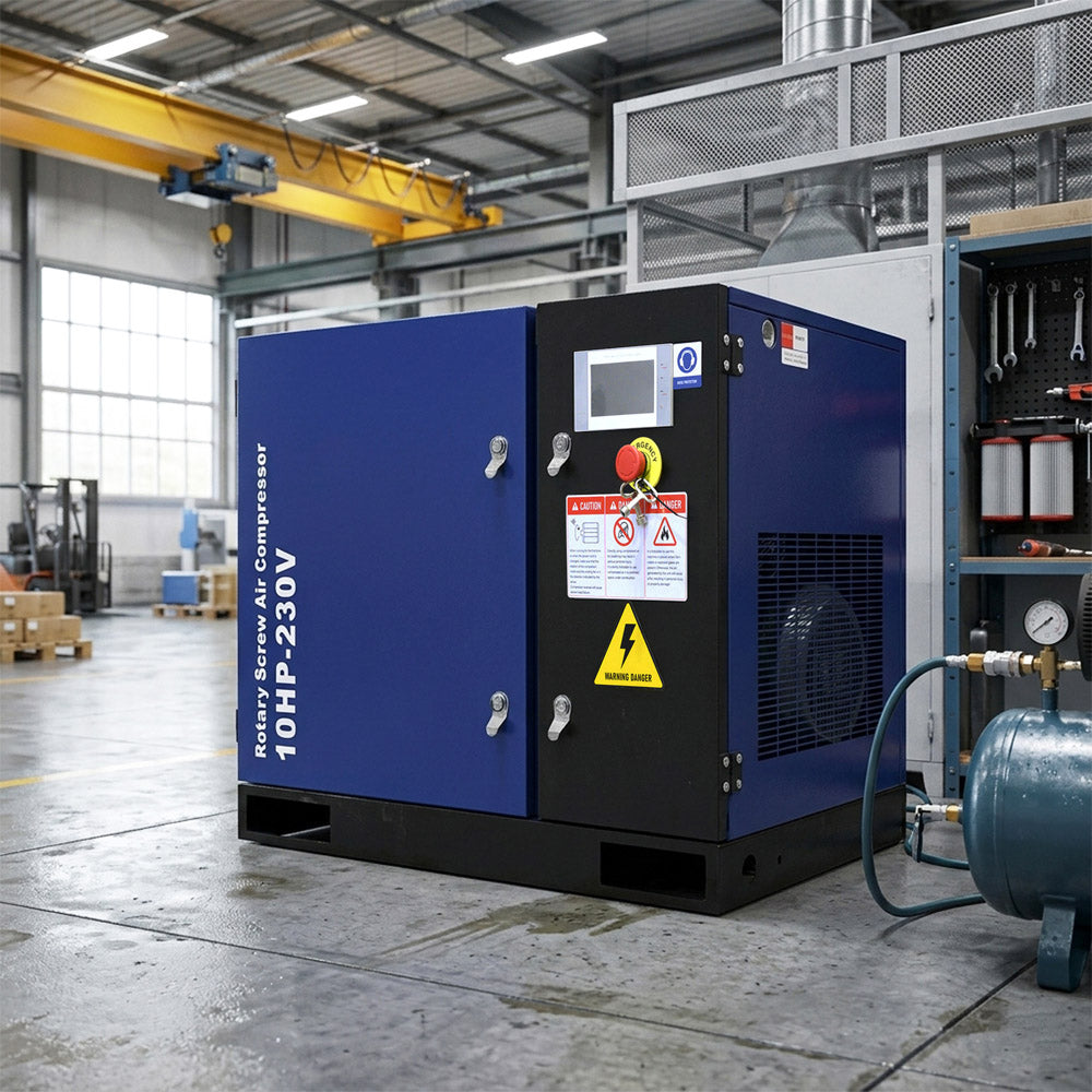 Large blue and black air compressor in a warehouse setting