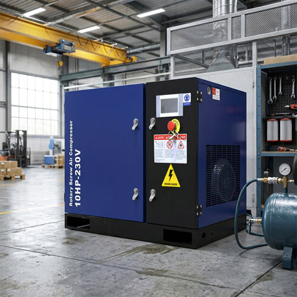 Large blue and black air compressor in a warehouse setting#Voltage_230V 3Ph 60Hz