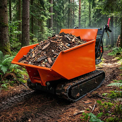Orange tracked machine with a load of wood chips in a forest setting
