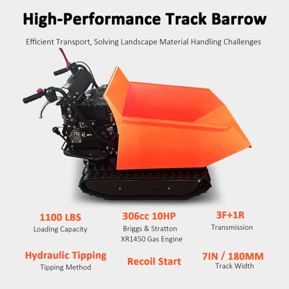 High-performance Track Mini Dumper with specifications on a white background