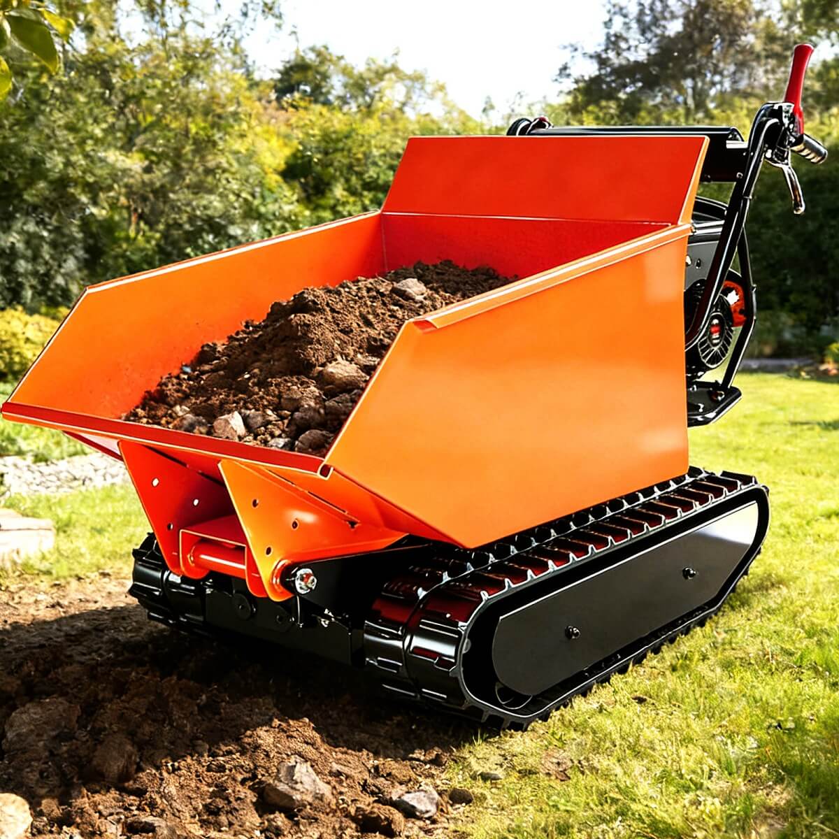 Small orange tracked vehicle with a dump bed filled with dirt on a grassy area.