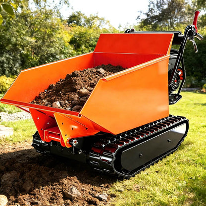 Small orange tracked vehicle with a dump bed filled with dirt on a grassy area.