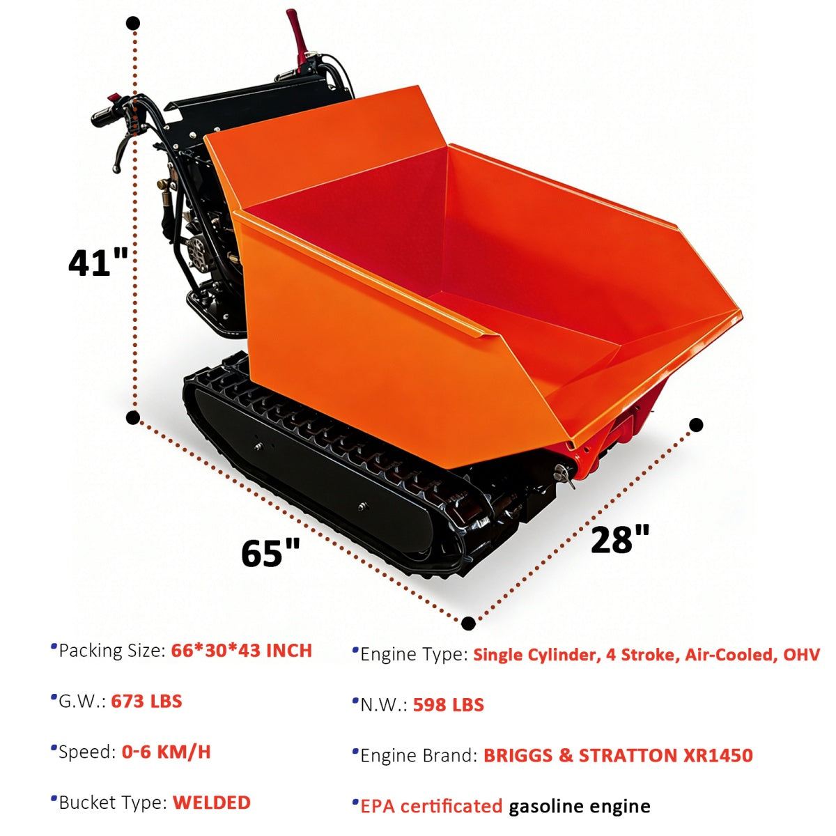 Track Mini Dumper with dimensions and specifications on a white background